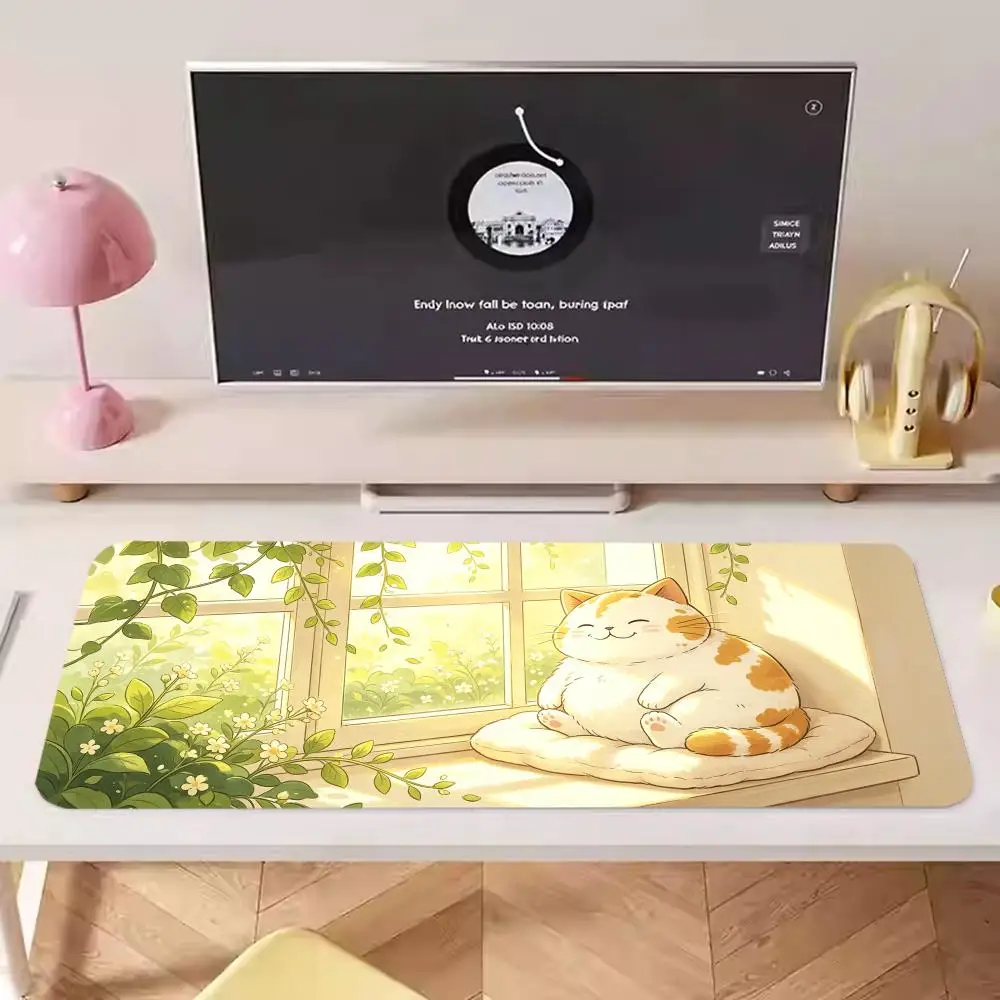 Chubby orange cat windowsill sunlight illustration mousepad large size office desktop anti slip table mat games pad