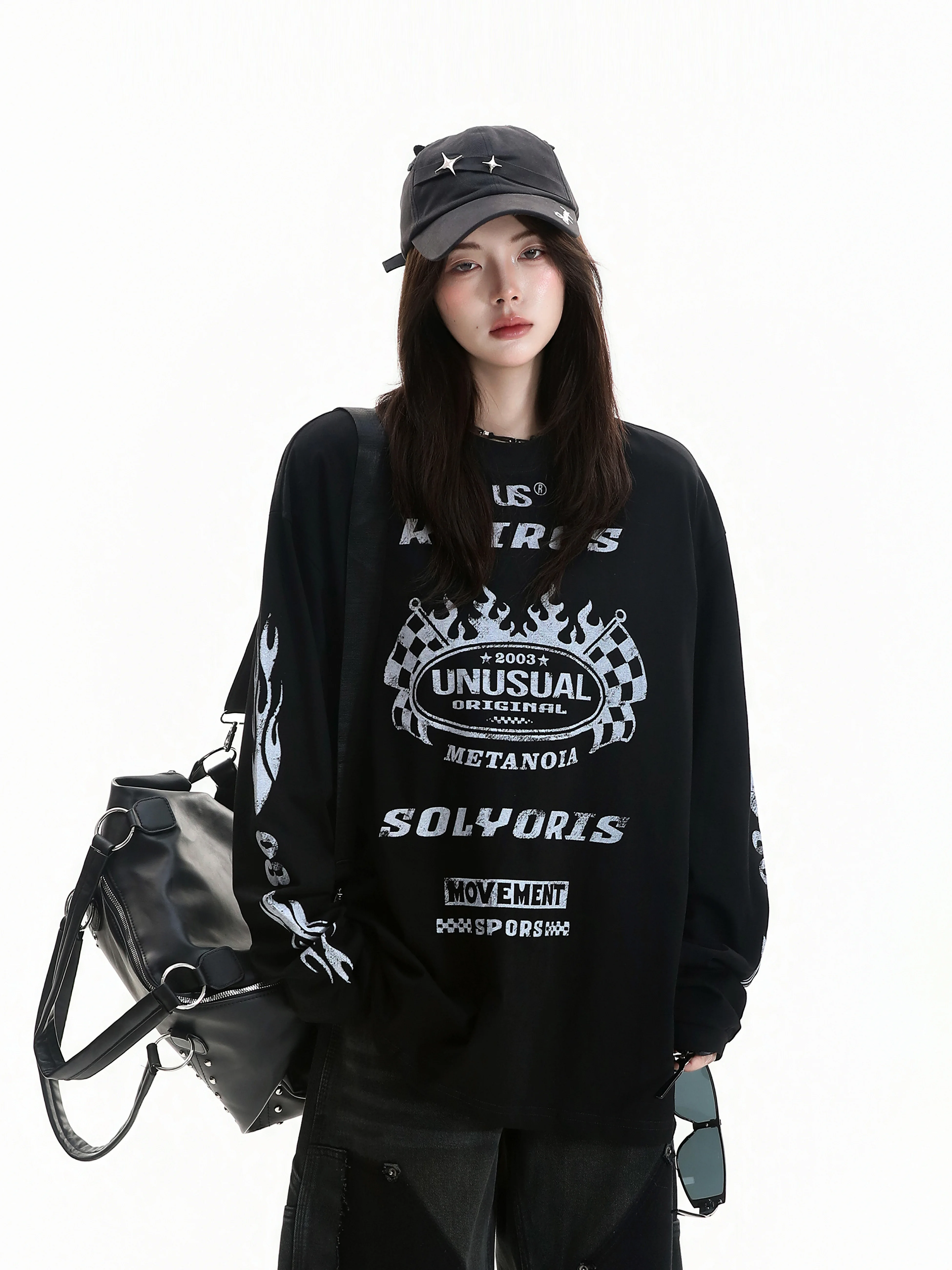 Retro American Street Style Racing Print Long Sleeve T-Shirt Shoulder Design Color Block Shape Casual Cotton Top for Women