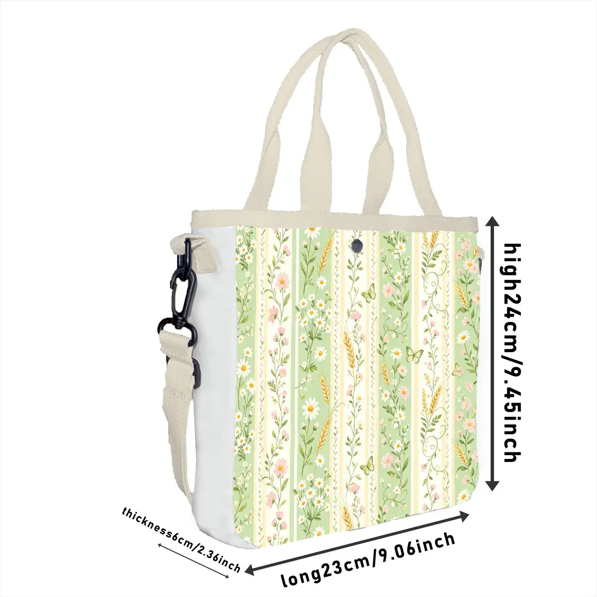 Pastel Green Daisy & Wheat Stripe Tote Bag, Adjustable Strap Cottagecore Shoulder Bag