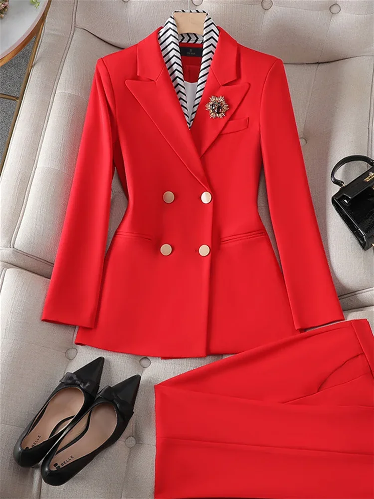 Slanke Office Dames Tweedelige Sets Womens Nieuwe Double Breasted Turn Down Kraag Blazers Elegante Mini Rok Past JJ1082