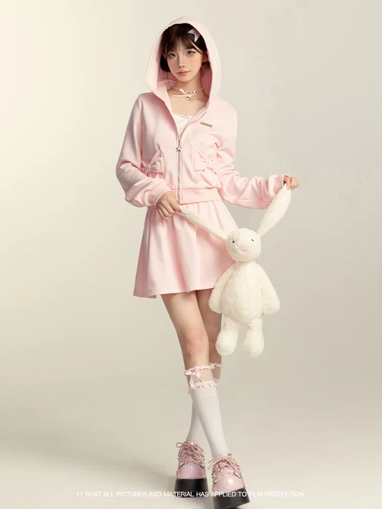 Sweat-shirt rose doux de style japonais pour filles, sweats à capuche zippés, mini jupe plissée A-Line, taille haute, ensemble 2 pièces pour femmes, Y2K