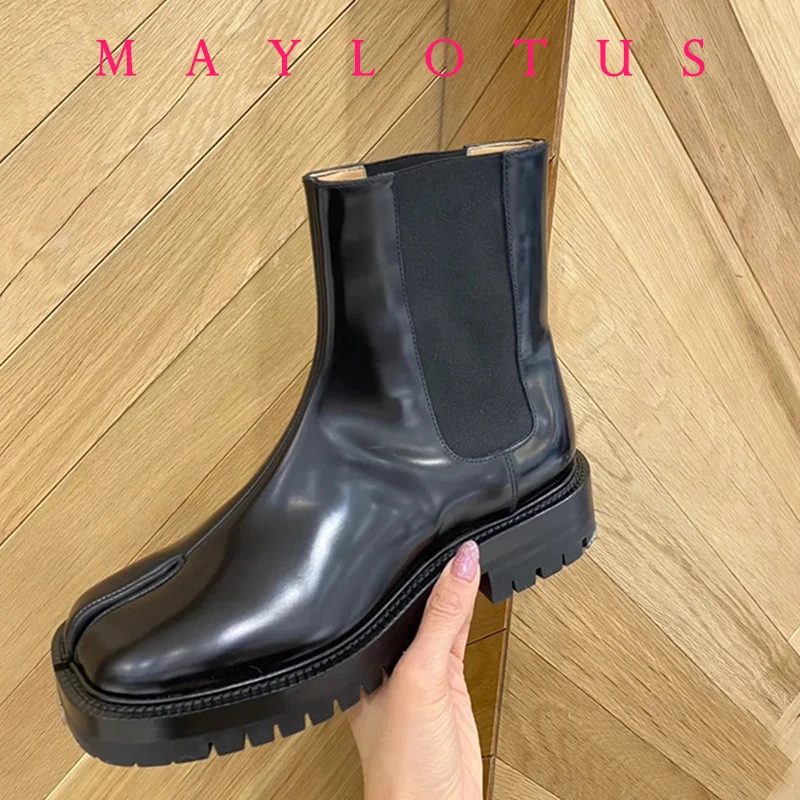 2025 ريترو سبليت تو حذاء من الجلد براءات أحذية من الجلد تابي نينجا تشيلسي بوتاس موهير كعوب منخفضة Trotters الجوارب الشتاء #4