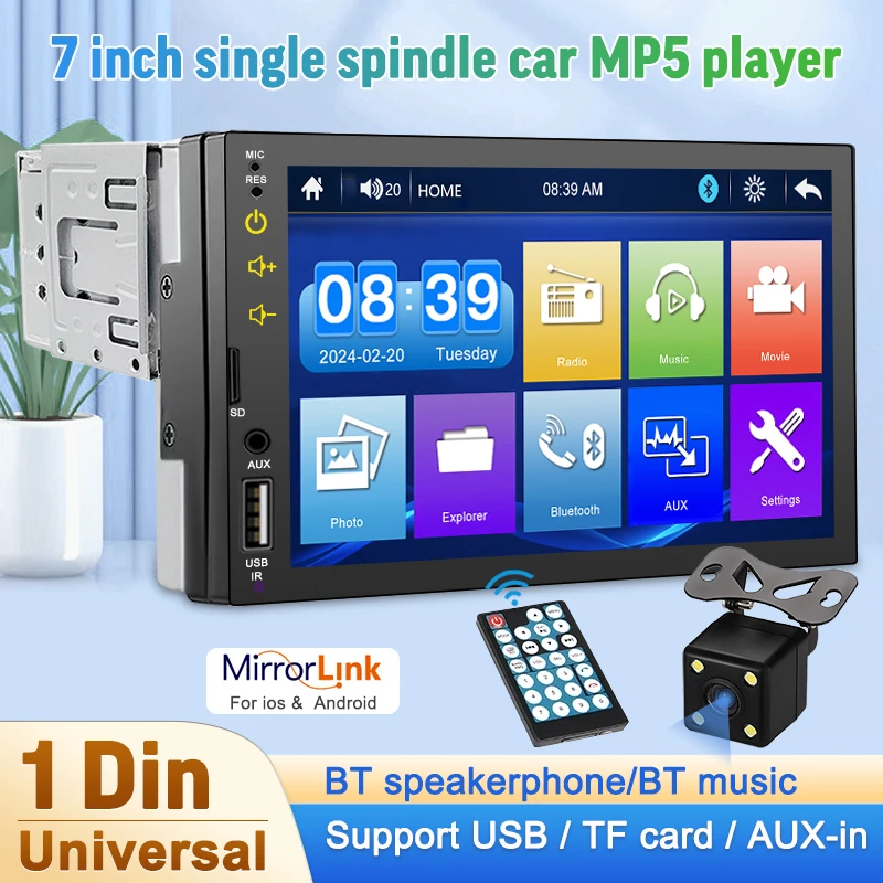 7 Inch 1 Din Car Radio MP5 Multimedia Player Touch Screen FM Aux-Input Bluetooth USB Mirror Link Car Stereo Universal Autoradio