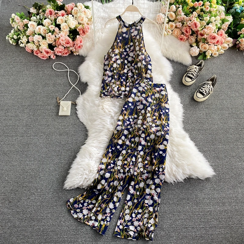 Bohemian Vacation Beach Women Two Piece Set Elegant Halter Sleeveless Chiffon Tops + High Waist Wide Leg Pants Female Suits New