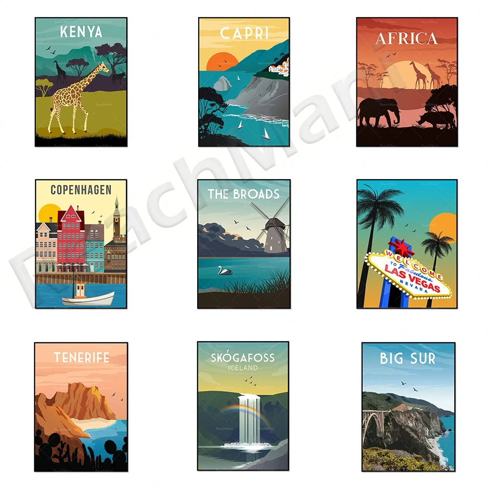 Vintage travel poster Japan, Kenya, Himalayas, Tibet, South Africa, Africa, Honduras, Belgium travel canvas landscape printing