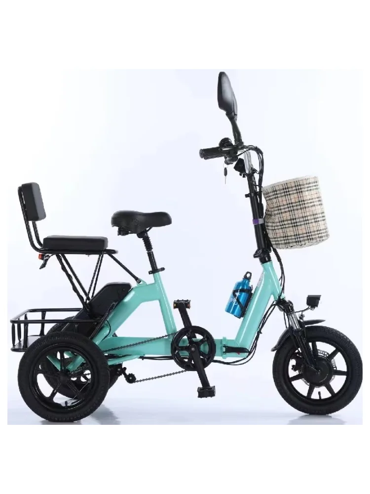 AliExpress Family Folding Electric Bicycle With Passenger Seat For Two Adults 350W Mini Electric Tricycle Adult Elderly Pick Up Children