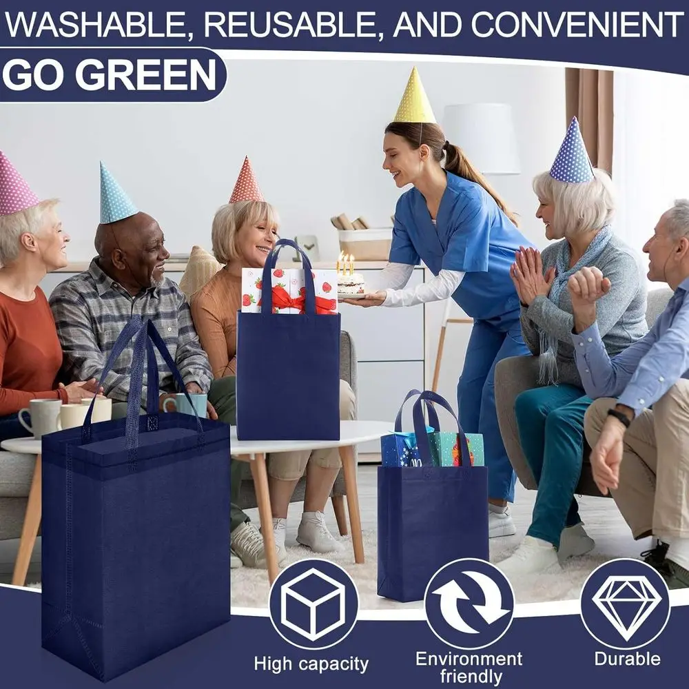 حقائب يد قابلة لإعادة الاستخدام مكونة من 200 قطعة، مقاس 8 × 4 × 10 بوصة، غير منسوجة، بقالة باللون الأزرق الداكن وحقائب هدايا