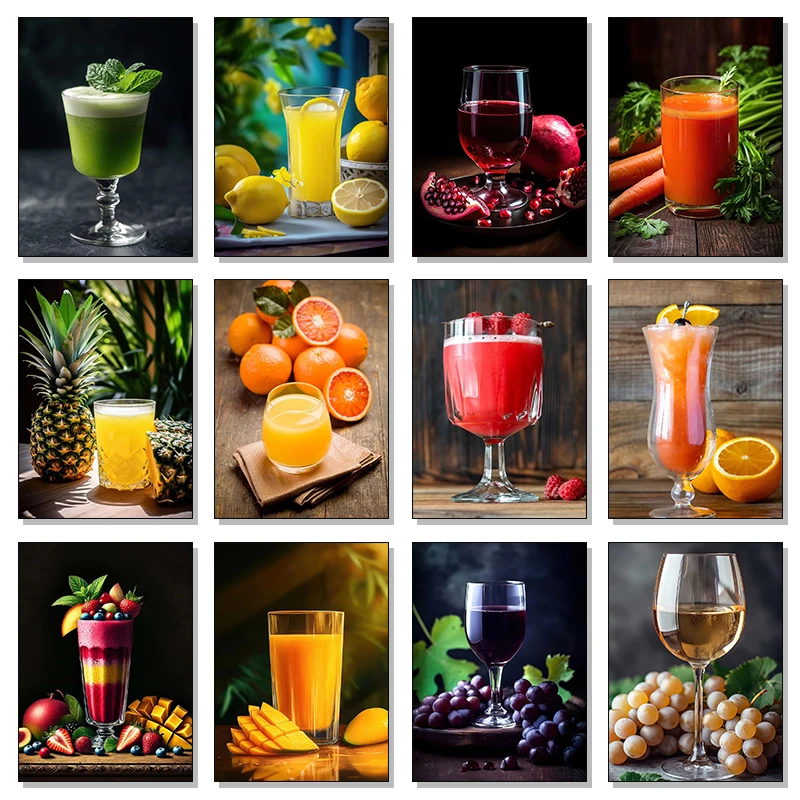 Delicioso vino, zumo de naranja, piña, Mango, plátano, zumo de fruta, bebida, póster, pinturas en lienzo, imágenes artísticas de pared, cafetería, decoración del hogar
