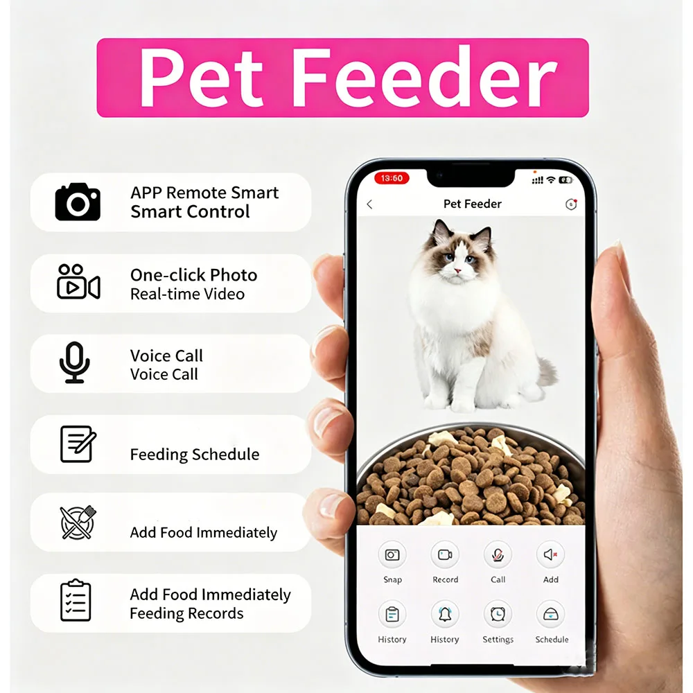 New Smart Pet Automatic Feeder with Visual Video, Voice & Remote Control, Timed & Quantitative Dispenser for Cat and Dog Food