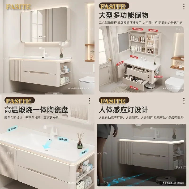 For Bathroom Oak Painted Side Storage Cabinet with Rounded Corners Ceramic Integrated Basin Washbasin Sink Combination Modern