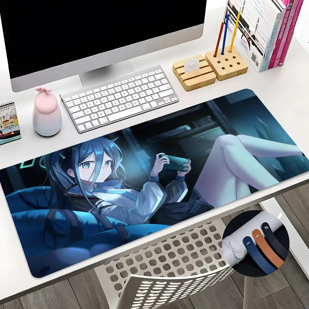 Anime Azul Arquivo Mouse Pad, Menina bonito, Tamanho grande, Office Desk Protector Mat, Couro PU impermeável, Desktop Gamer, 600x300