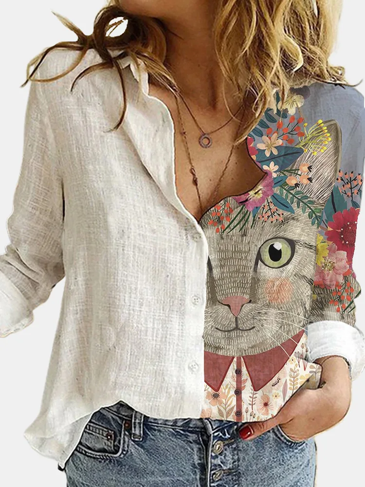 Women Casual Office Lady Vintage Button Spring Summer Loose Blouses and Shirts Loose Cartoon Printing Patchwork T Shirt Tops