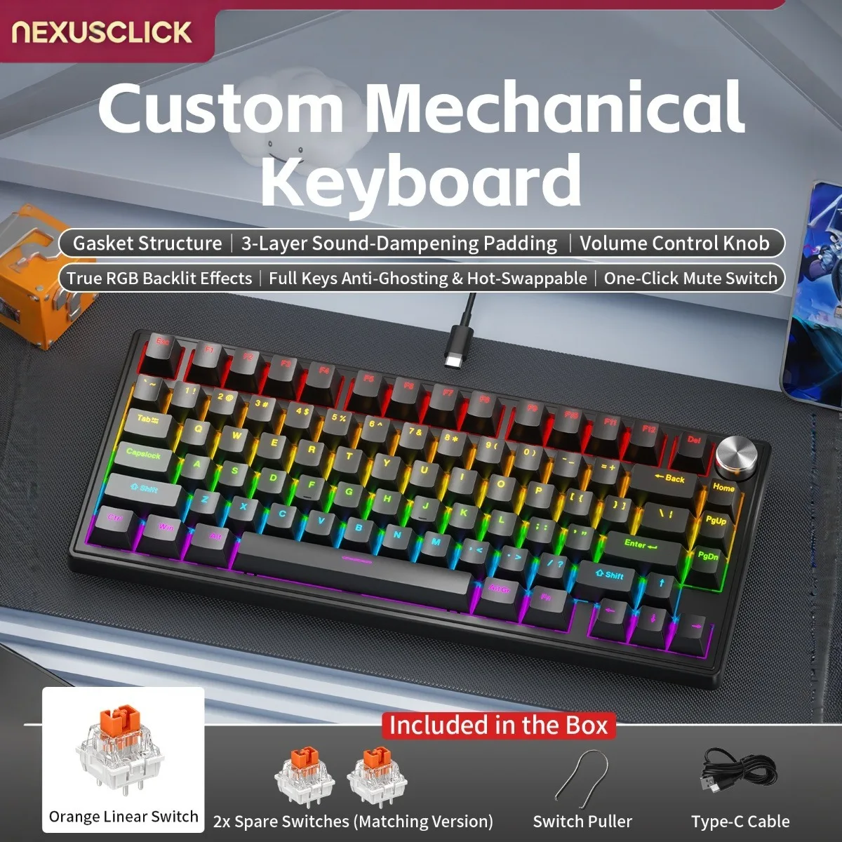 NEXUSCLICK K80 Wired Mechanical Keyboard Hot Swappable with Volume Knob 3-Layer Dampening Padding RGB Backlit Gaming Keyboard