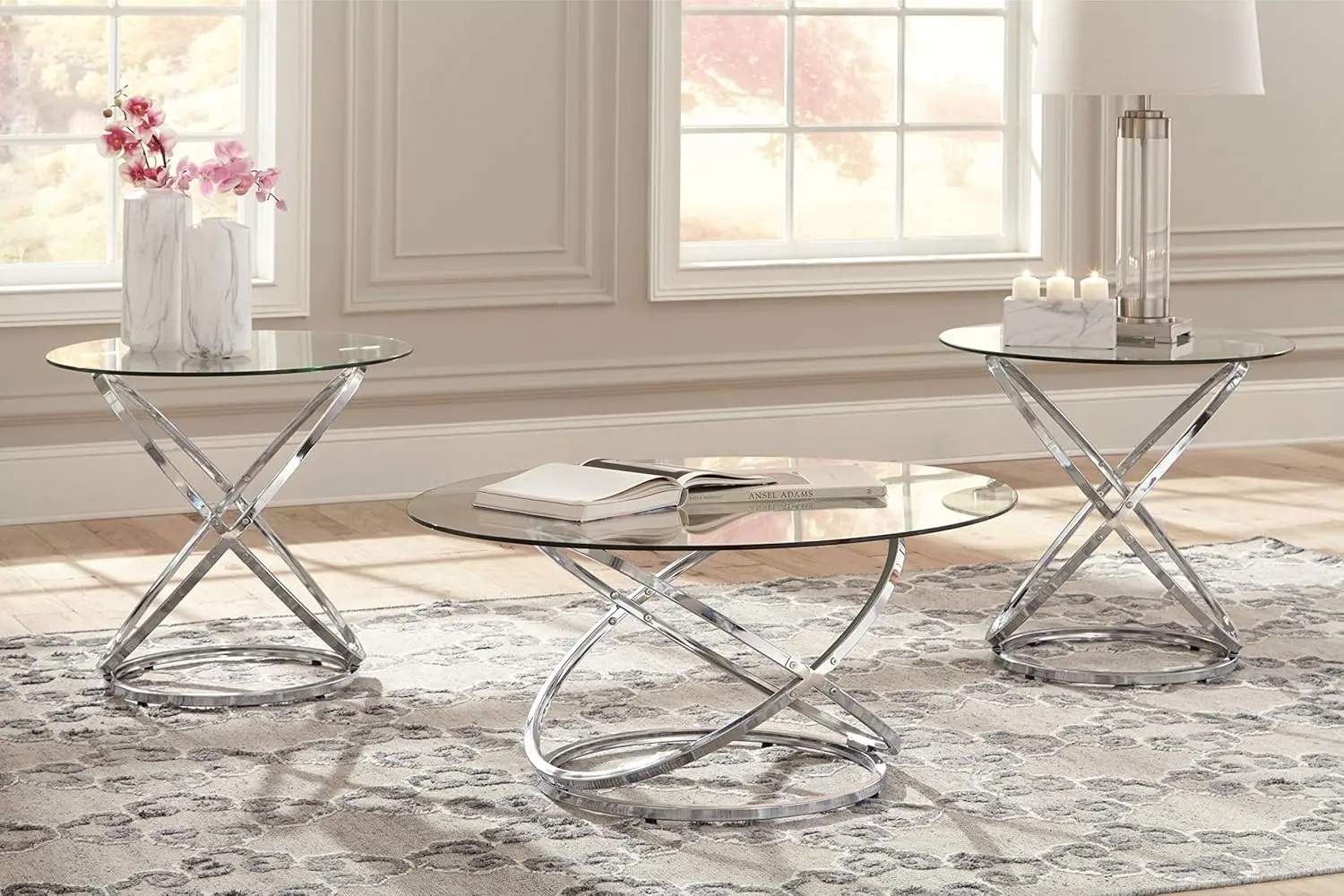 Design by Ashley Hollynyx Contemporary Round 3-Piece Occasional Table Set, Includes Coffee Table and 2 End Tables, Chr