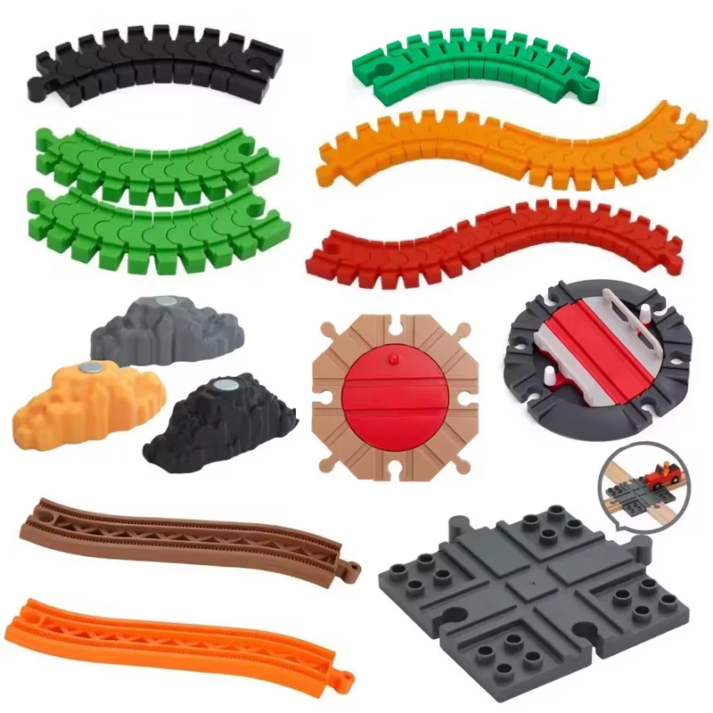 

Деревянные аксессуары для железнодорожных дорожек, пластиковые гибкие направляющие, поворотный стол, наклонный мост, подходит для брендовых деревянных гусениц, железнодорожные игрушки для детей