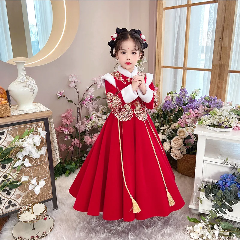 Girls 2022 Winter New Thick Hanfu Fairy Princess Dress Performance Chinese New Year Clothes Greeting Embroidery Qipao Vestido