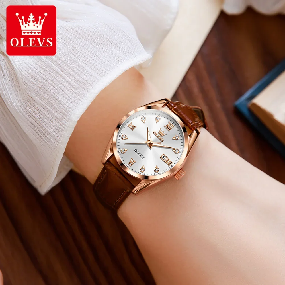 OLEVS Watch for Women Date Calendar Simple Dial Luxury Leather Strap Waterproof Luminous Elegant Women\'s Wristwatch Reloj Mujer