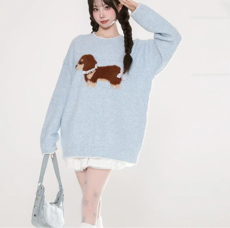 Pullovers Women Aesthetic Ins Korean Fashion Knitted Bow Design Autumn Sweet Style Students Sweaters Loose Fit Knitwear Casual