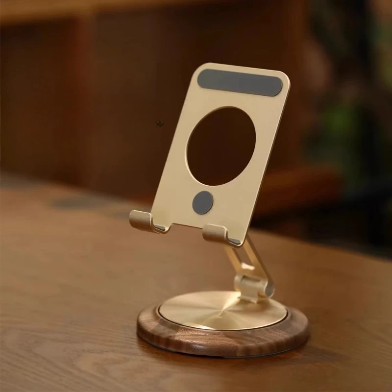 360° Rotating Phone Tablet Stand Foldable Holder for iPad Desktop Display Stand Travel-Friendly Walnut Wood Support Base