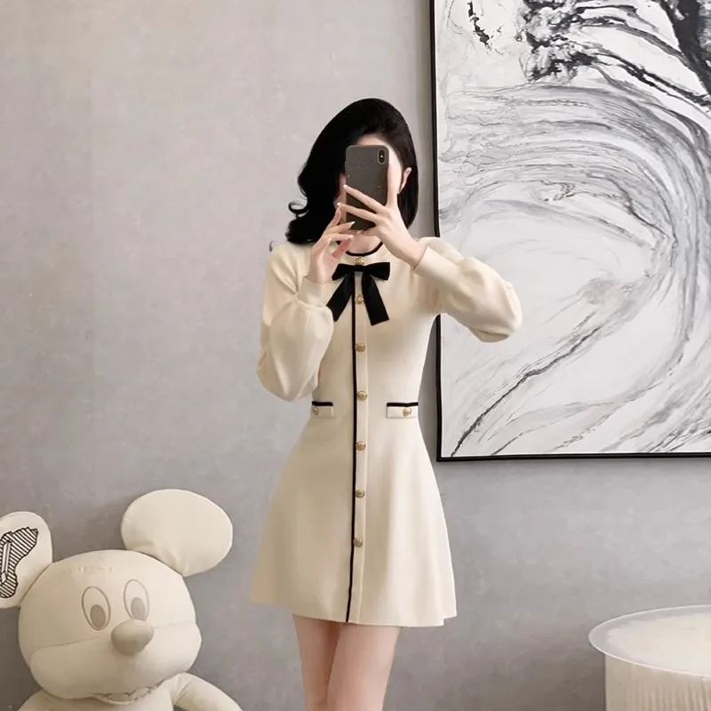 

New French Autumn Winter Bowknot Mini Dress Women Knitted O-neck Long Sleeve Solid Color A-line Elegant Dresses Vestidos Robe