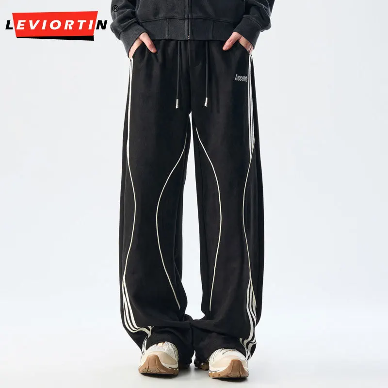 

Men's retro striped casual sports pants new autumn sports outdoor drawstring straight leg wide leg loose elastic waist pants