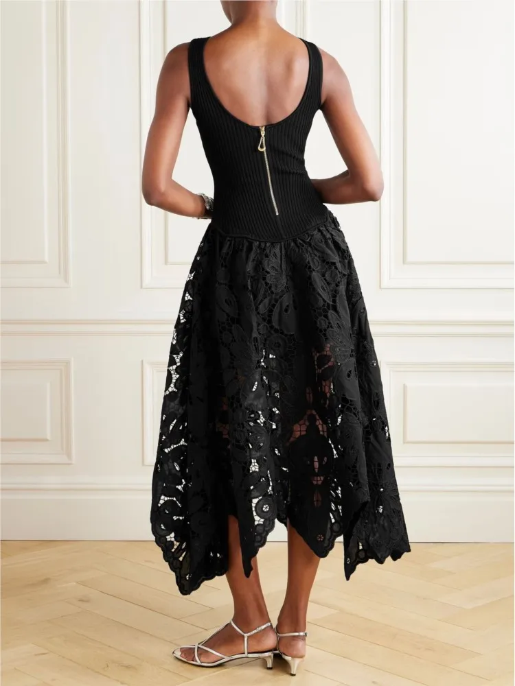 Abito da donna con cerniera e cuciture con cinturino Primavera e autunno Abiti da festa per le vacanze a vita alta in pizzo stile casual allentato tinta unita