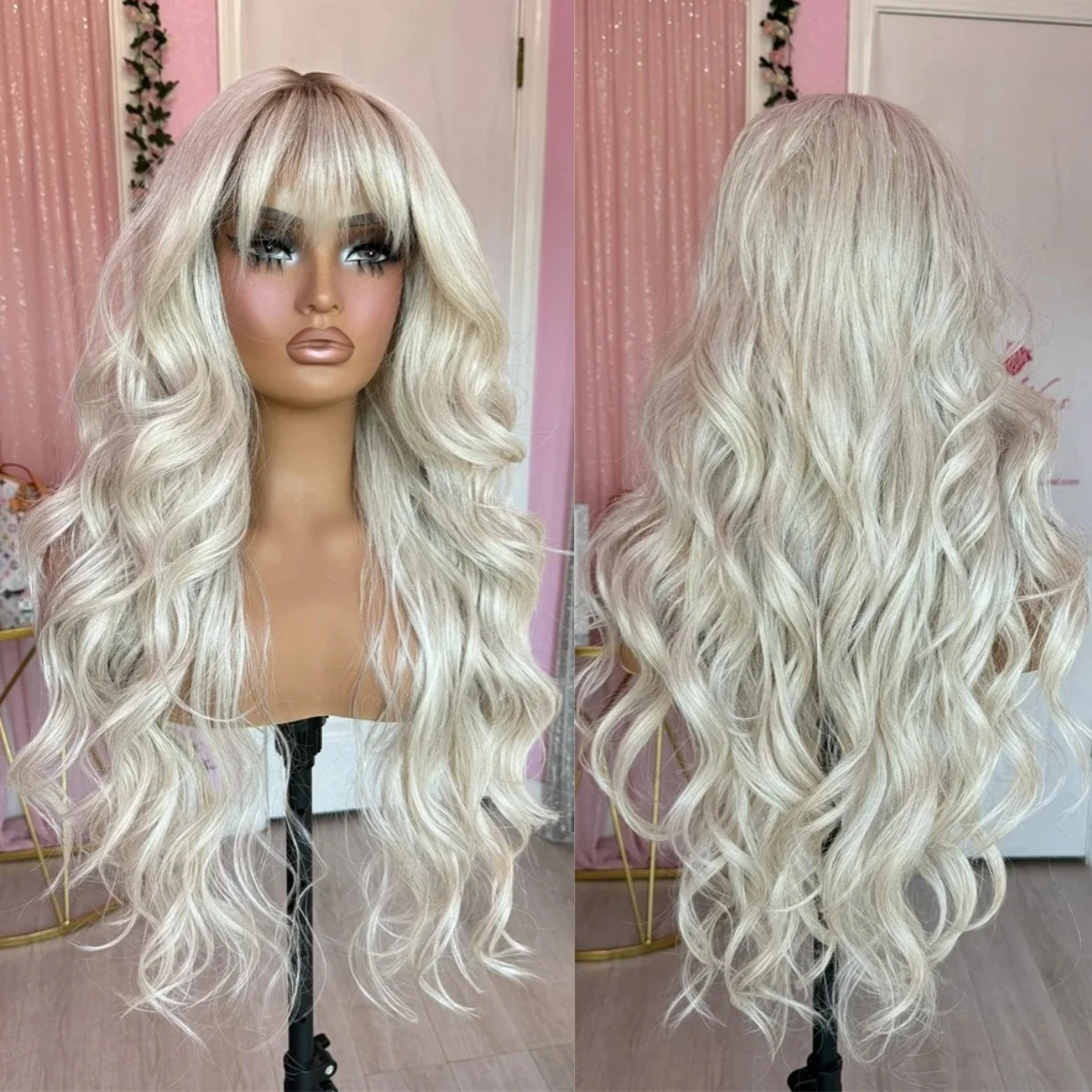 

Soft Blonde Dark Root Wigs With Bangs Wavy Ombre Ash Blonde Middle Part Cut HD Synthetic Lace Front Wig Fringe Natural Wig Women