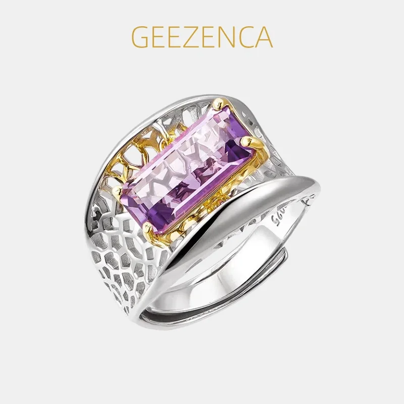 GEEZENCA 925 Silver Two Toned Hollow Engraved Beehive Amethyst Citrine Open Ring Women Trendy Wide Big Statement Rings Her Gift