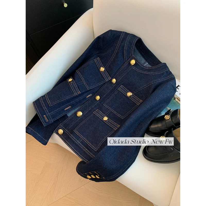 Frauen Koreanische Mode Vintage Klassische Blau Chic Taste Denim Jacke Y2K Frühling Herbst O Hals Langarm Lose Taschen Outer