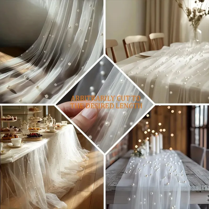 Tulle Fabric Lace Table Runners White Pearl Chiffon Fabric Table Decorations for Bridal Shower Birthday Party Wedding Arch Decor