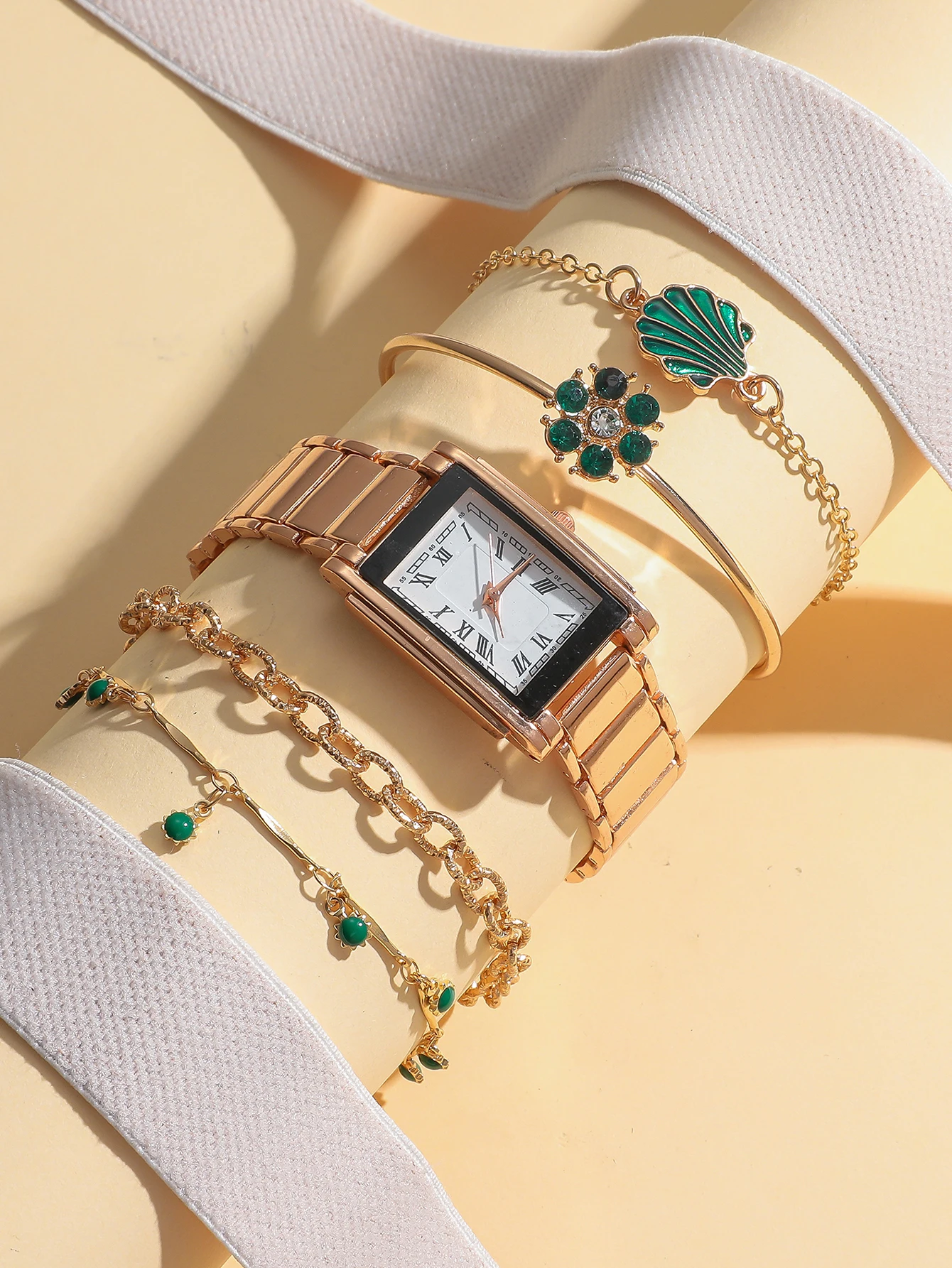 

5 шт./компл.; Женские модные квадратные кварцевые часы с зеленым маленьким цветочным браслетом, набор аксессуаров для фестиваля