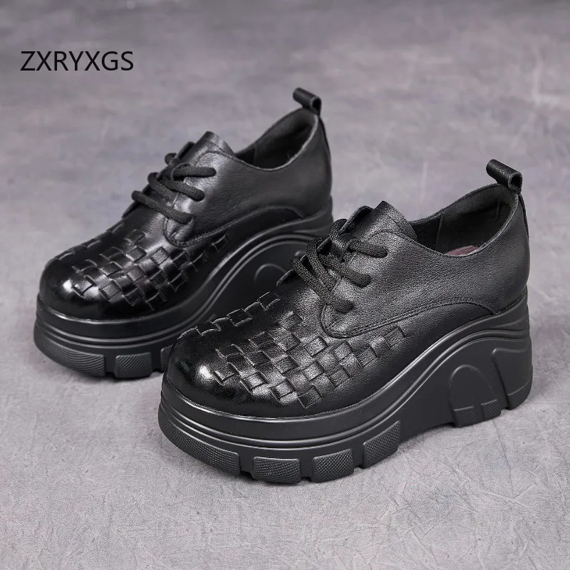Zapatos de Tacón Alto Elegantes para Mujer, Modelo ZXRYXGS 2026, de Cuero Auténtico con Punta Redonda, Tejido de Primera Capa de Piel de Vaca, Plataforma Gruesa