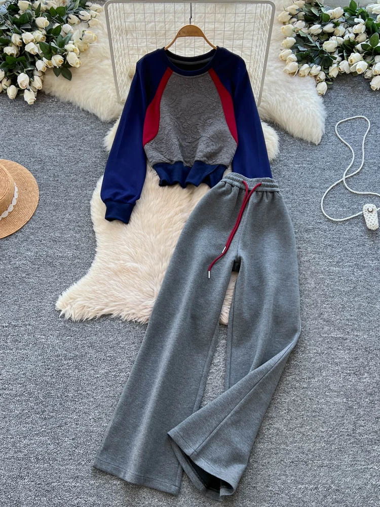 

Комплект из двух предметов: брюки с высокой талией и широкими штанинами, кружевной топ с длинными рукавами, повседневный спортивный стиль, свободный крой, цветной блок, кружевной топ