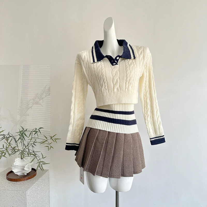College style sweet and age reducing contrasting color knitted sweater+vest+high waisted pleated skirt three piece set