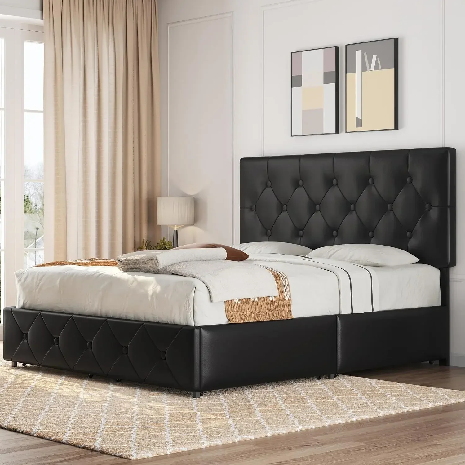 

Upholstered Bed Frame with 4 Drawers and Adjustable Headboard, Faux Leather Platform Bed