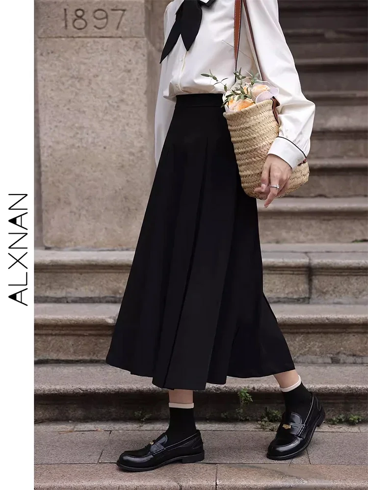 ALXNAN Women's Black Pleated Skirt for Woman 2024 Fall High Waist Comfort Solid Skirts Female Clothing Sold Separately LXN26856