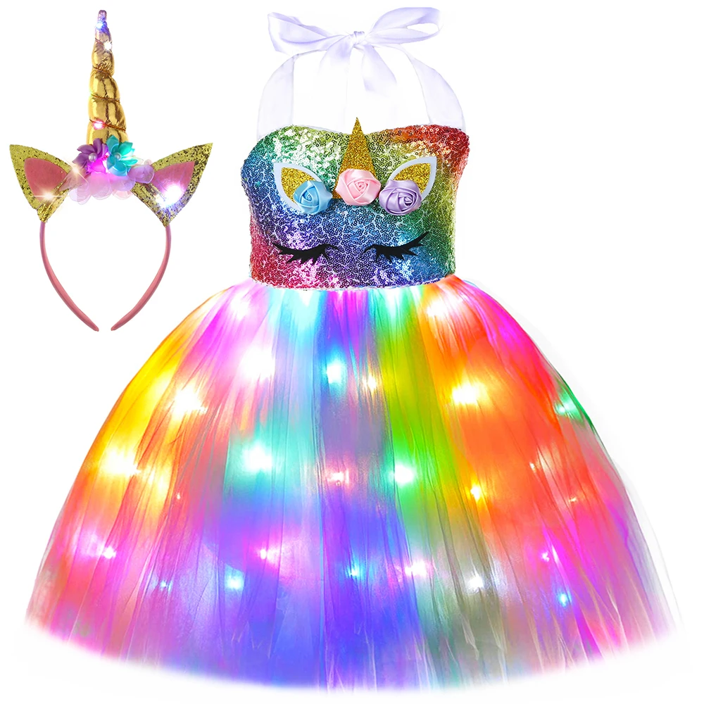 Girls Unicorn Dress LED Light Up Rainbow Sequins Birthday Party Princess Tutu Dress Christmas Halloween Costume for Kids Clothes