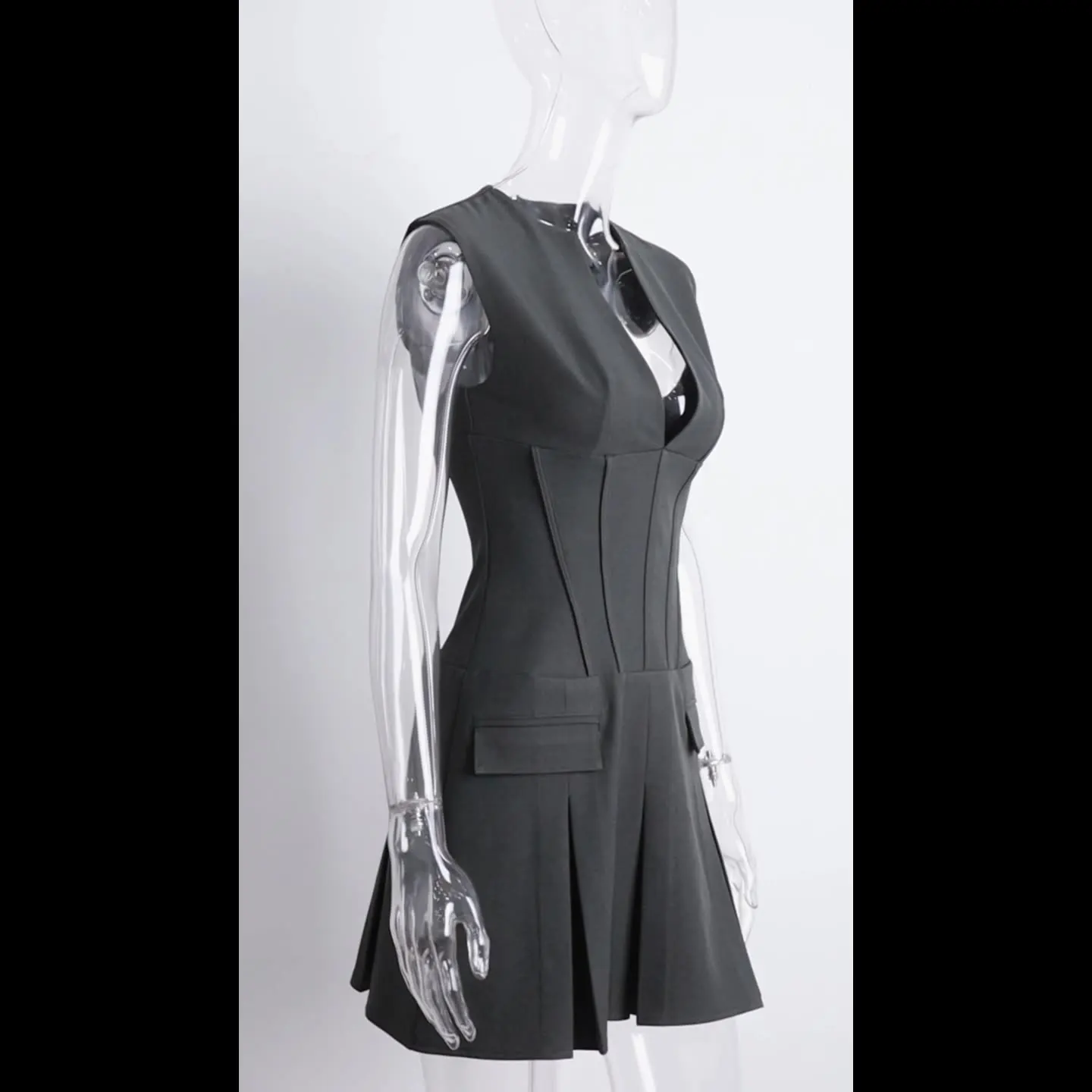 صيف جديد مثير عميق الخامس الخصر محززة جيوب دعوى أنيقة مطوي تنورة فستان المرأة موضة النمط الأوروبي فستان Vestidos