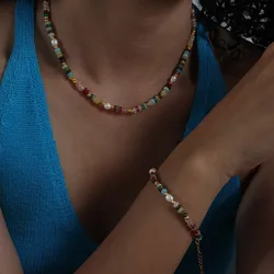 Freshwater Pearl Combining Natural Stone Beads Necklace Bracelet For Women Bohemia Colourful Women's Stainless Steel Jewelry Set