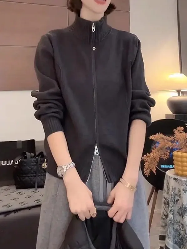 

Женский вязаный кардиган с двойной молнией и воротником-стойкой, мягкий, уютный, оверсайз, модный свитер в корейском стиле для повседневной носки