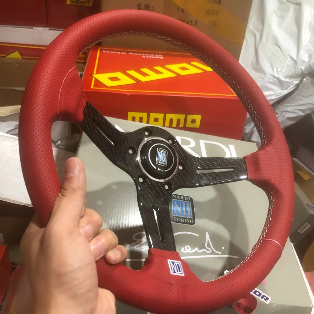 14Inch Universal Luxurious Racing Nardi Steering Wheel Car Carbon JDM Real Leather Steering Wheel Volantes For TOYOTA VW HONDA