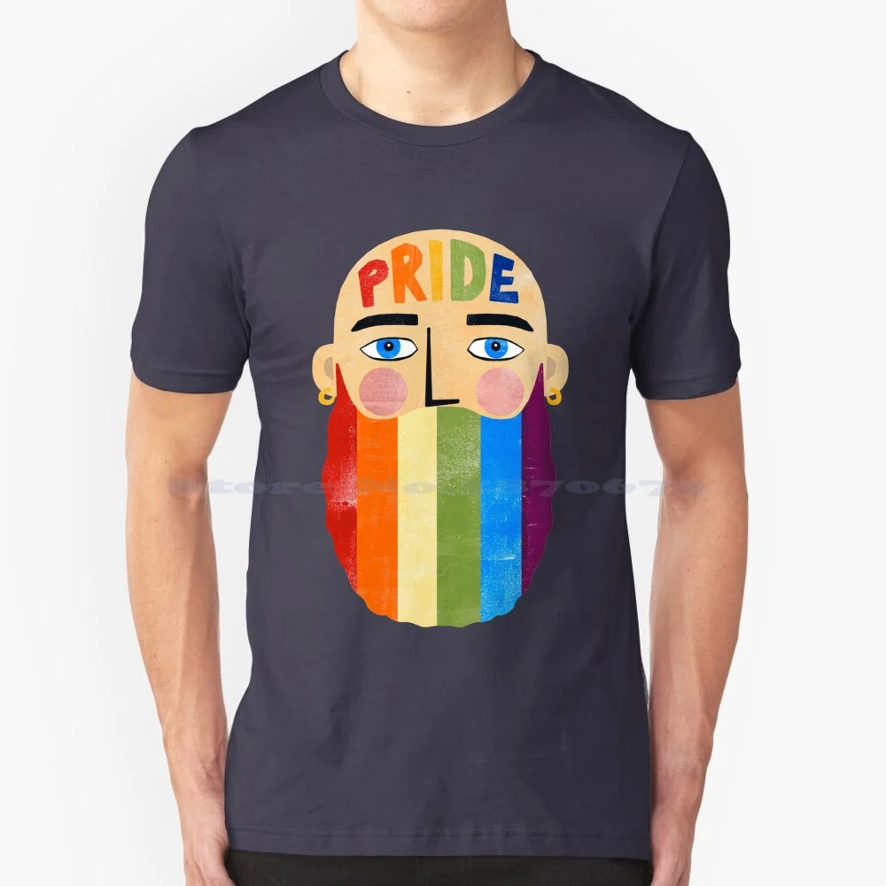 Pride Beard T Shirt 100% Cotton Tee Rainbow Pride Gay Lgbtq Man Beard Bald Red Orange Yellow Green Blue Purple