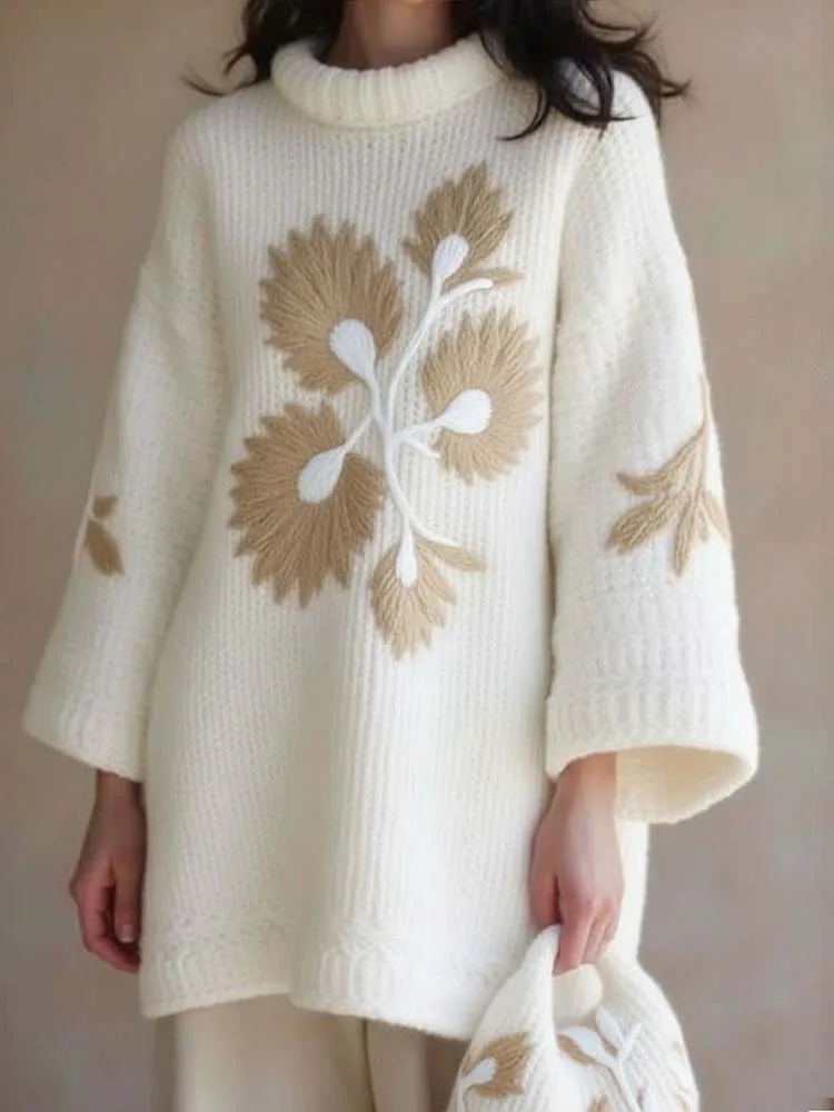 

Женский длинный осенне-зимний вязаный топ с воротником-стойкой, прямыми рукавами и цветочной вышивкой.