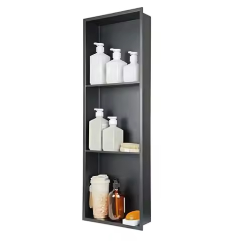 Bathroom recessed shower niche with black stainless steel three-tier shelves, matte black finis... product image