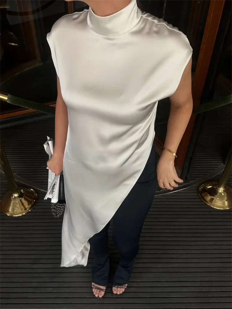 

Casual Sleeveless Satin Maxi Dress Female Turtleneck Patchwork Slim Fashion Solid Commute Dress For Women Long Dress 2025