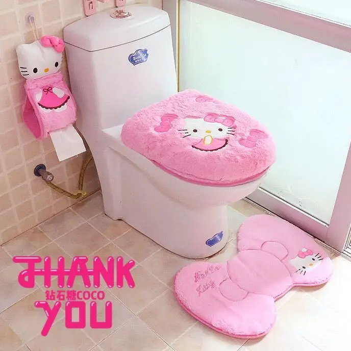 

Sanrio Anime Hello Kitty Toilet Seat Cushion Three Pieces Set Restrooms Universal Winter Household Toilet Seat Cover Gift