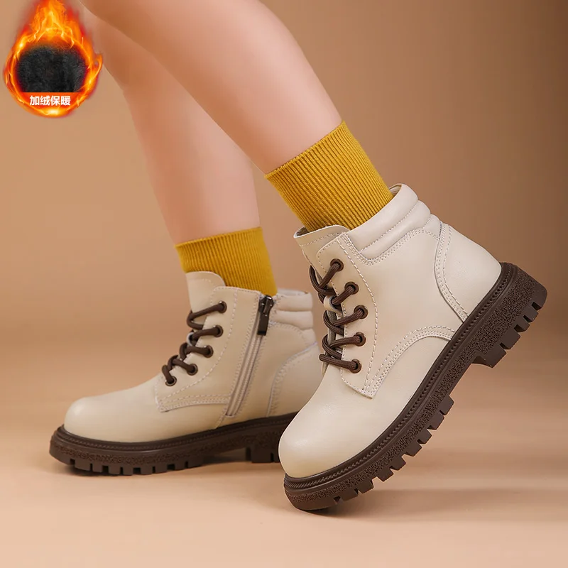 

Детские кожаные ботинки, зимние стильные мягкие и теплые хлопковые ботинки для детей, нескользящие и прочные повседневные детские ботинки