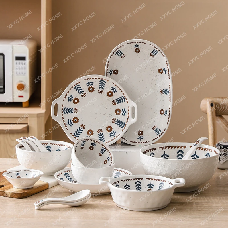 Ceramic Bowl and Dish Set Household Creative Underglaze Color Bowl Plate Tableware Combination Simple and Fresh Bowl Spoon