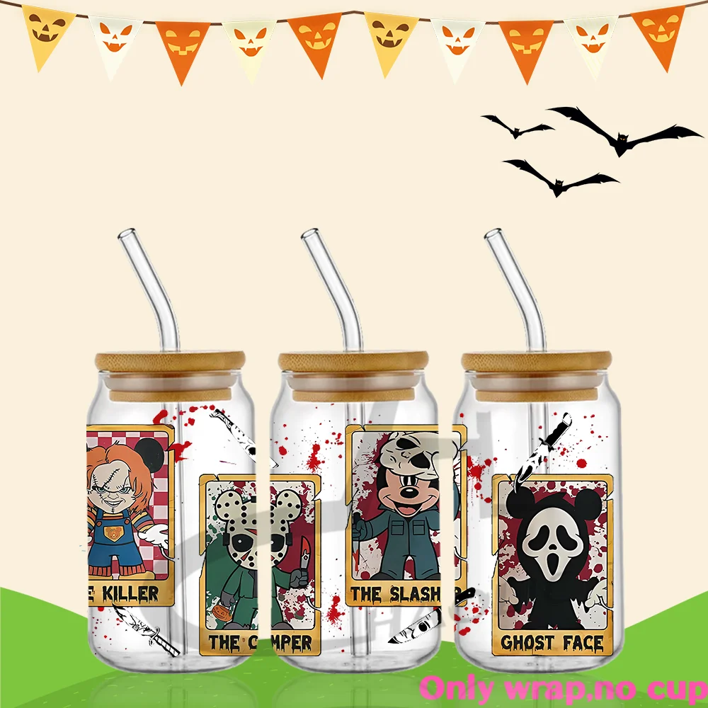 Cartoon Halloween Mouse Team Pumpkin Faces 16oz Libbey Glass Can Wrap Halloween Costume Trick or Treat Tumbler Wrap