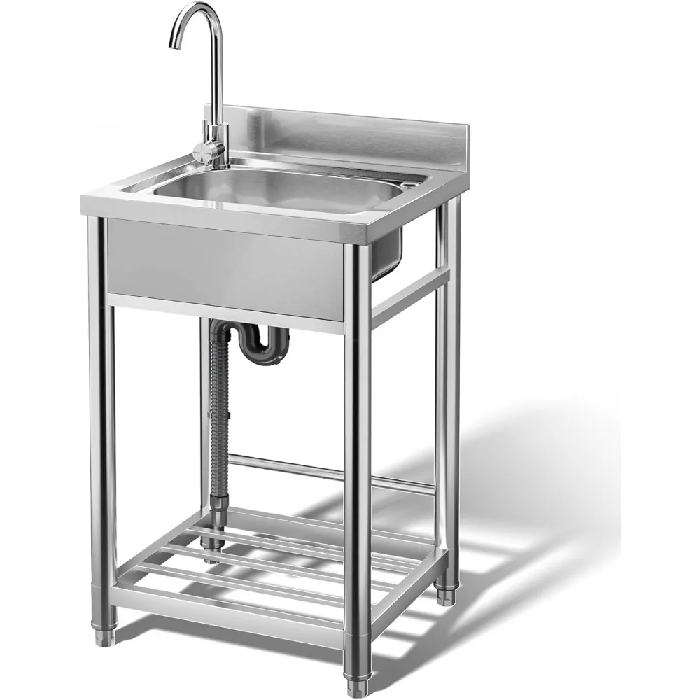 

Универсальная раковина из нержавеющей стали — 22 дюйма, отдельно стоящая раковина для стирки с одной чашей и трубой для холодной/горячей воды, универсальная раковина для